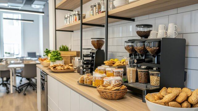 Fully stocked corporate pantry shelf